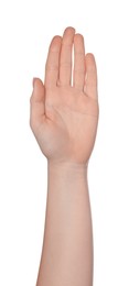 Woman showing hand on white background, closeup