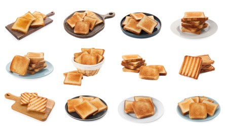 Image of Set with tasty toasted bread on white background