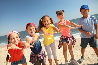 Group of happy children at sea beach on sunny day. Summer camp