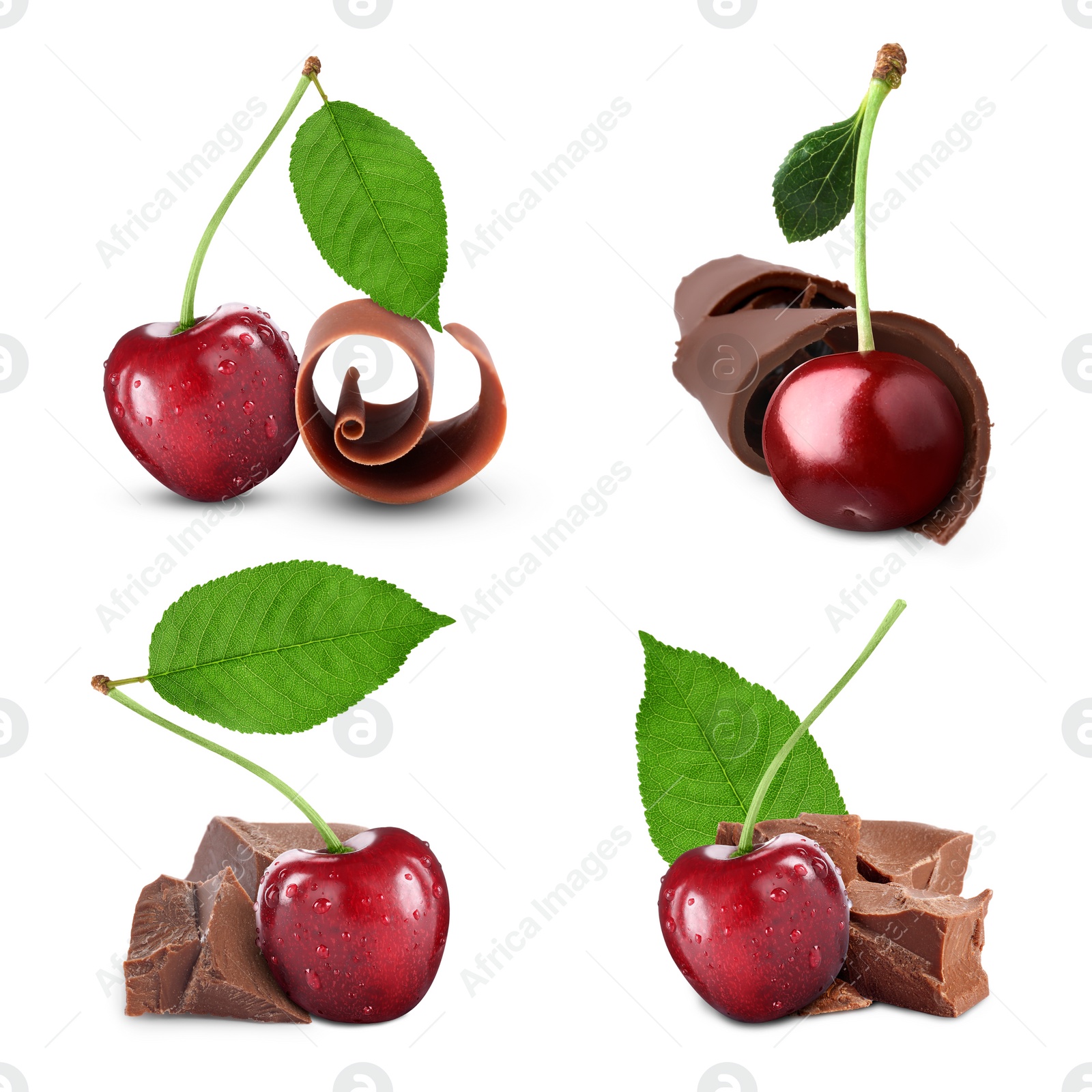 Image of Fresh cherries, pieces and curls of chocolate isolated on white, collage