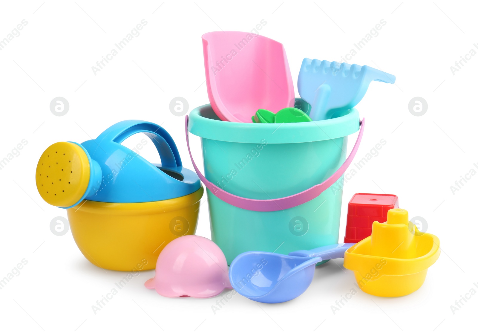 Photo of Set of children's plastic toys isolated on white