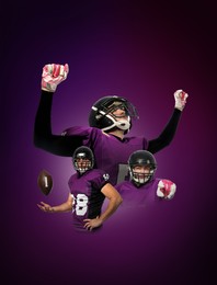 American football players on deep purple background, collage