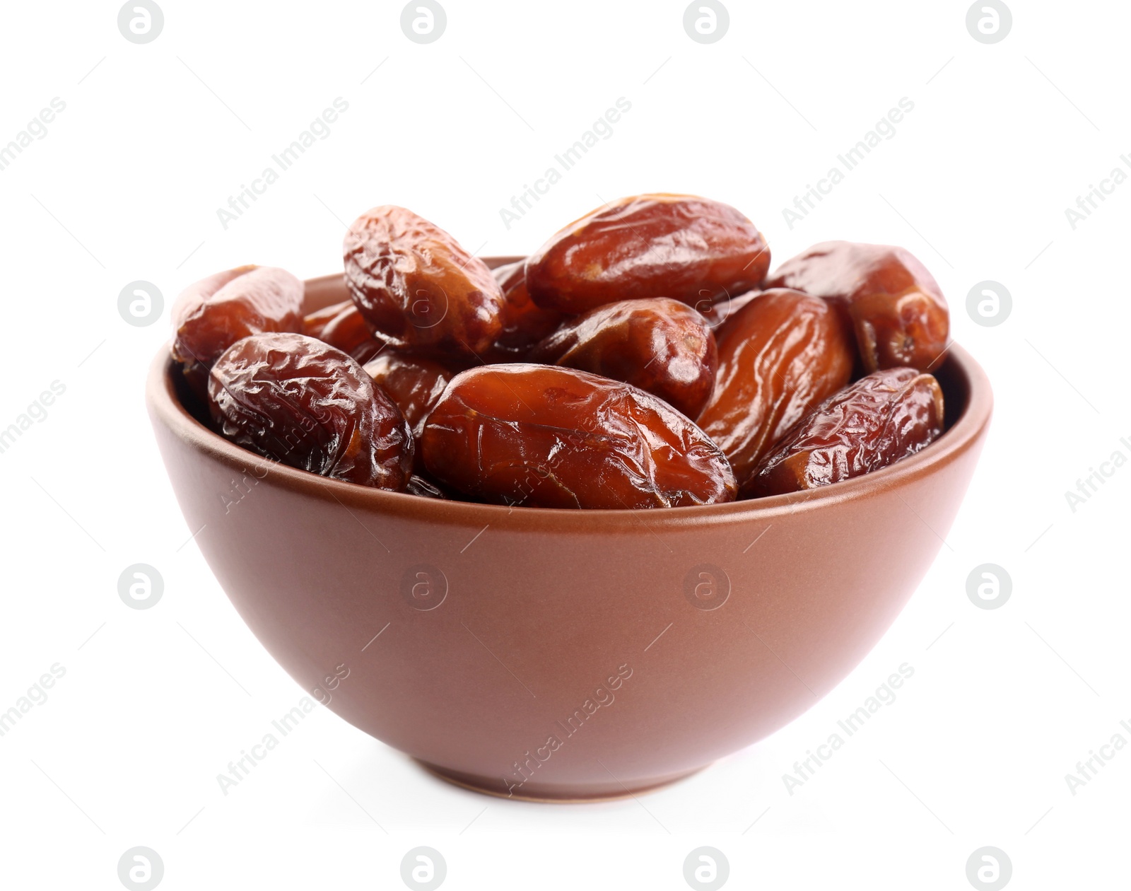 Photo of Sweet dried dates in bowl on white background