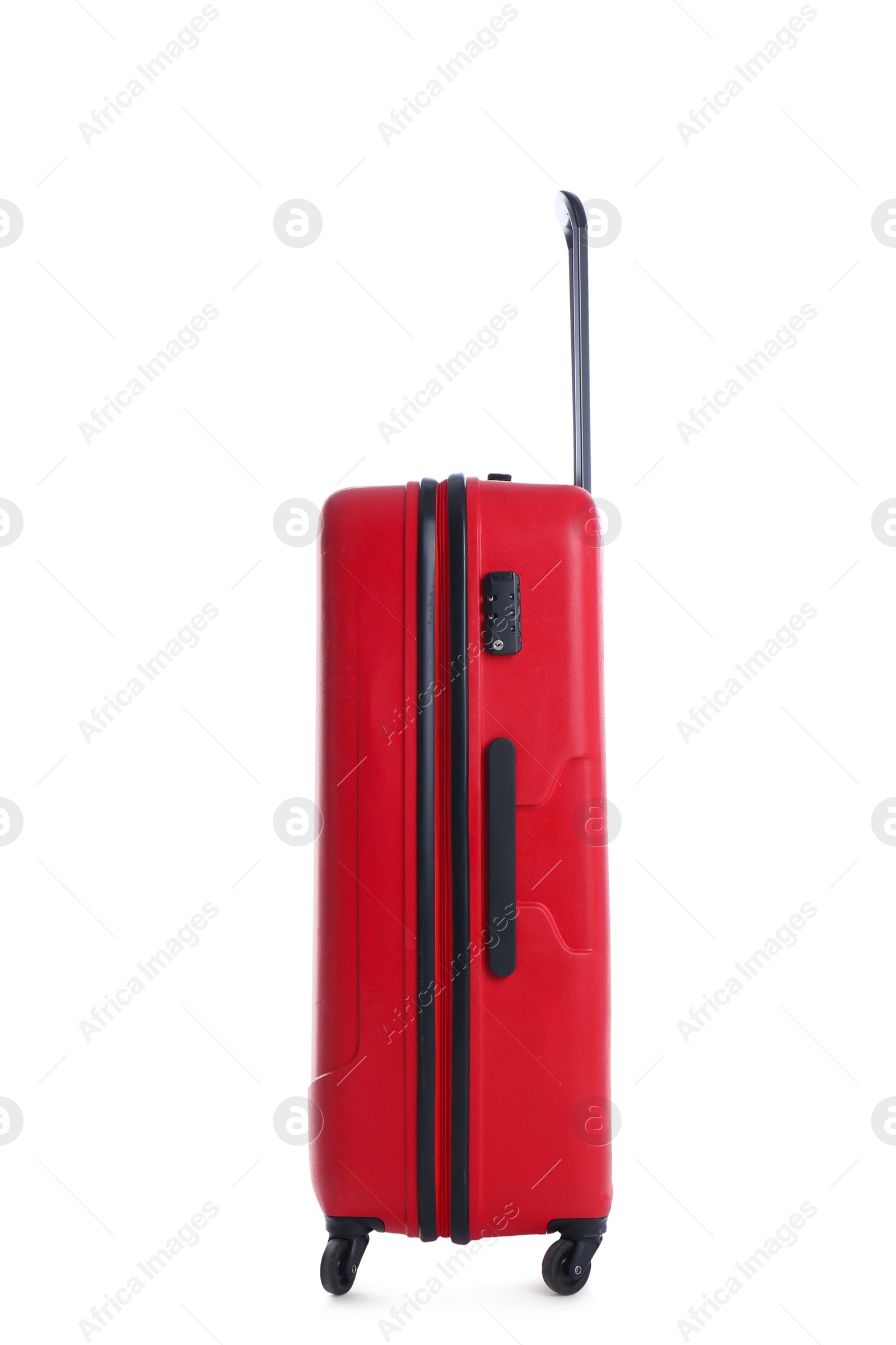 Photo of Red suitcase for travelling on white background