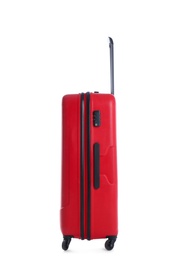 Photo of Red suitcase for travelling on white background