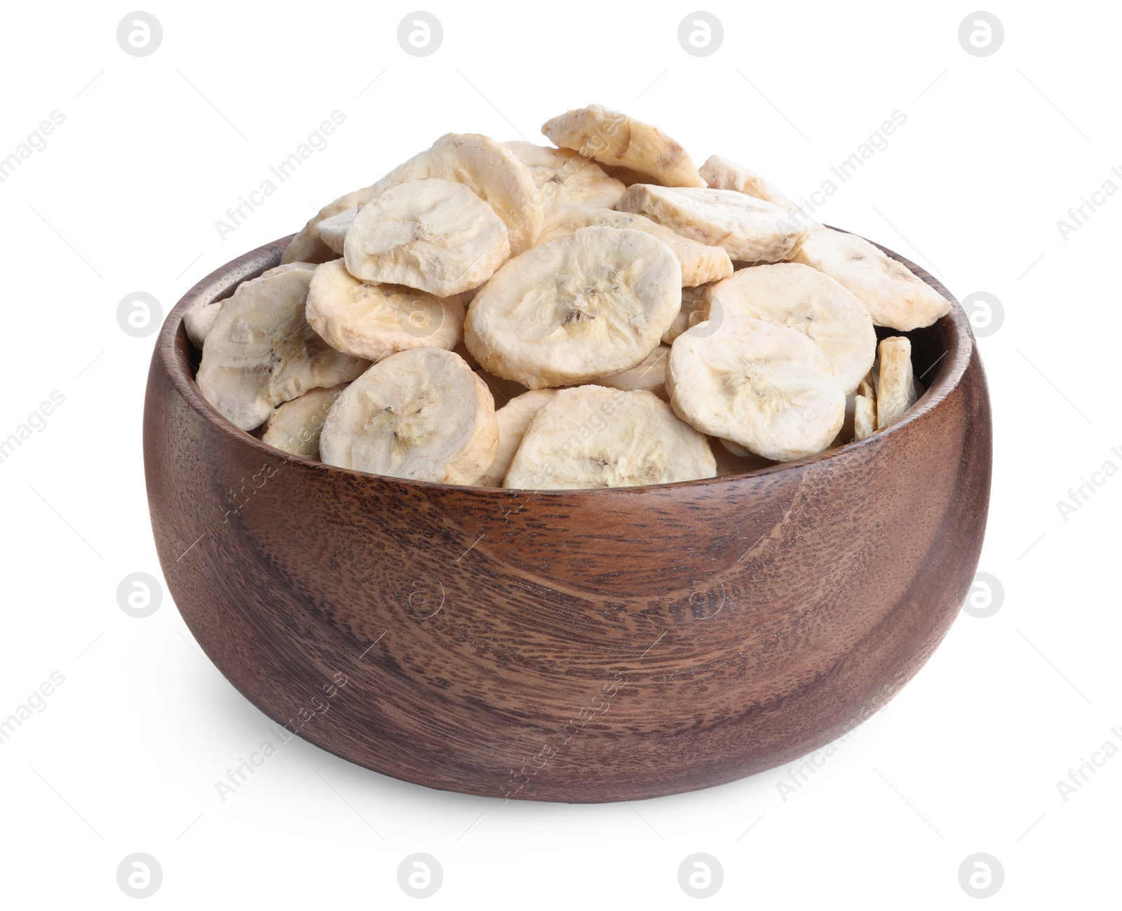 Photo of Freeze dried bananas in bowl on white background