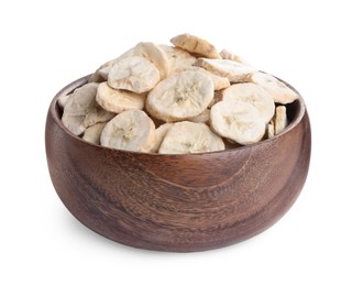 Photo of Freeze dried bananas in bowl on white background