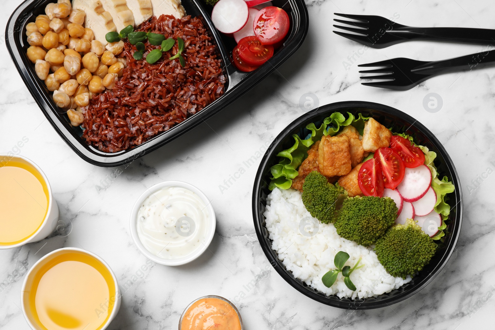 Photo of Flat lay composition with healthy takeaway food on white marble table