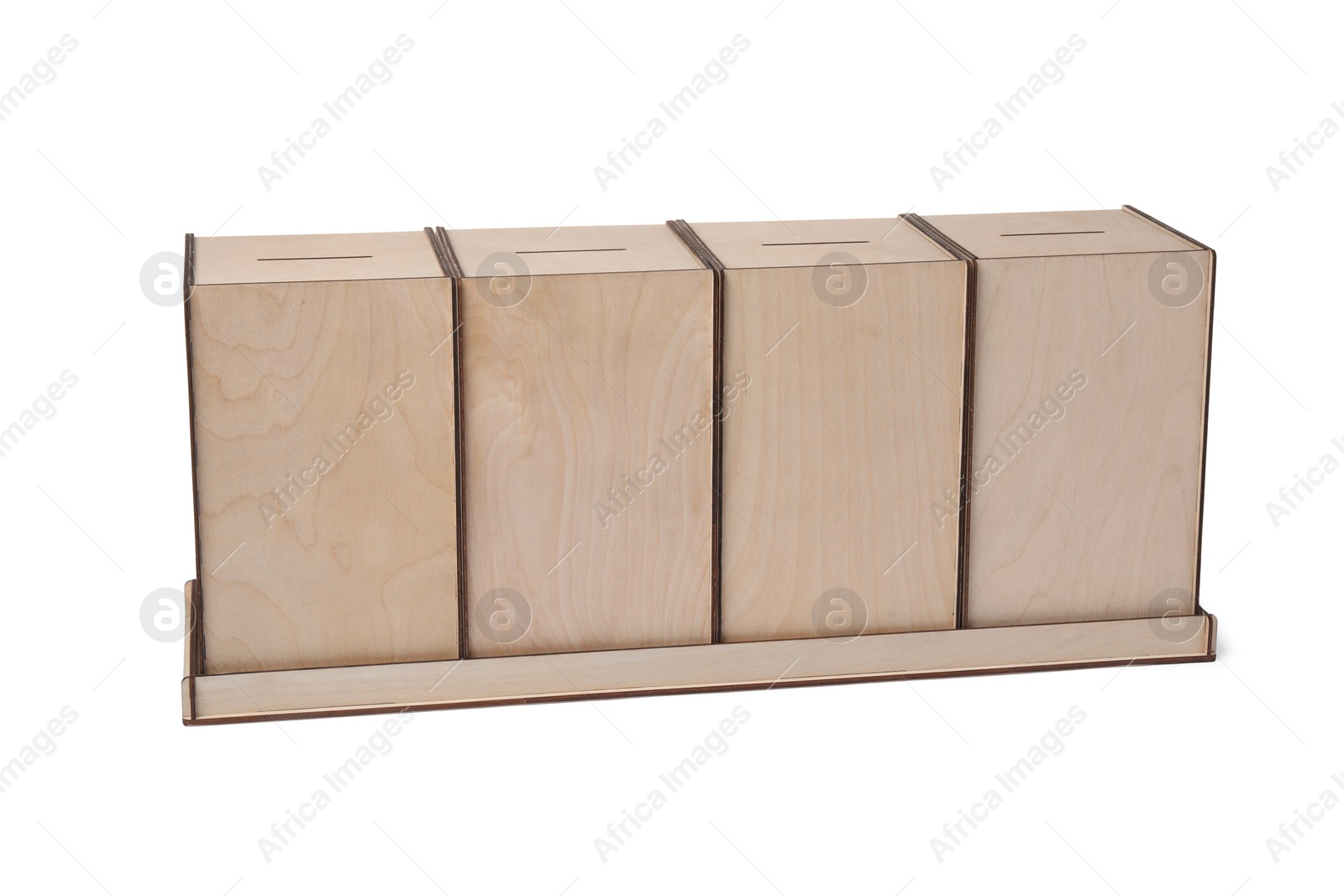 Photo of Wooden ballot boxes isolated on white. Election time