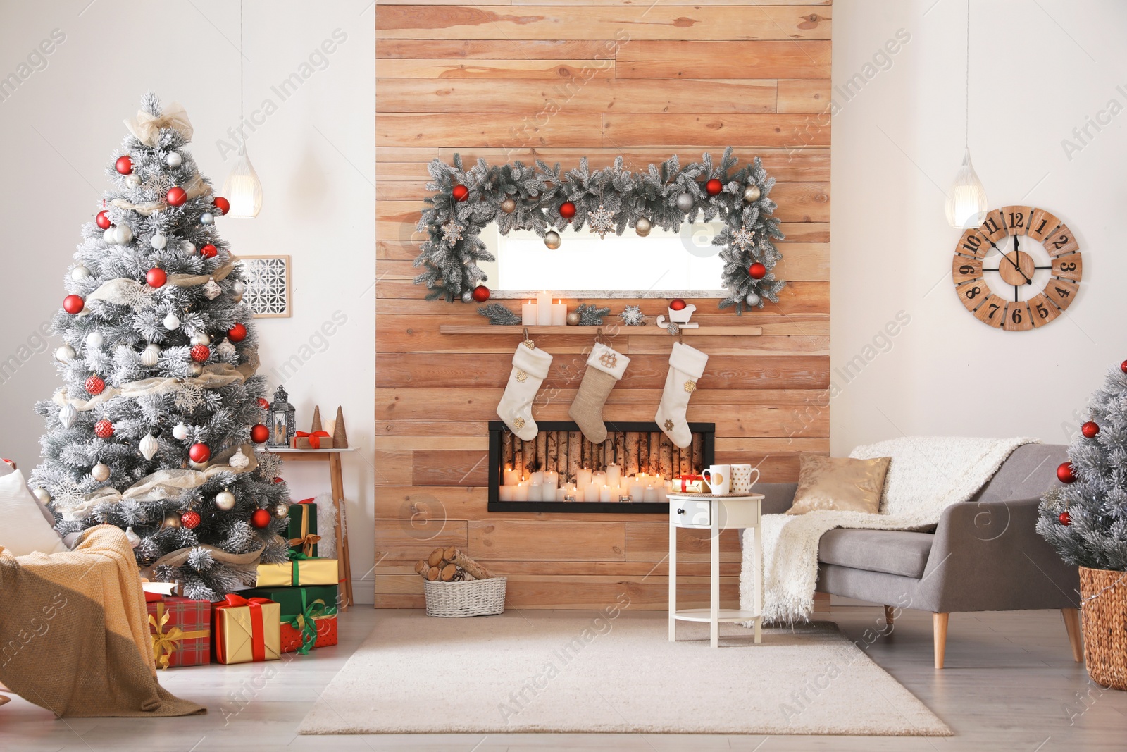 Photo of Beautiful Christmas interior of living room with decorated tree