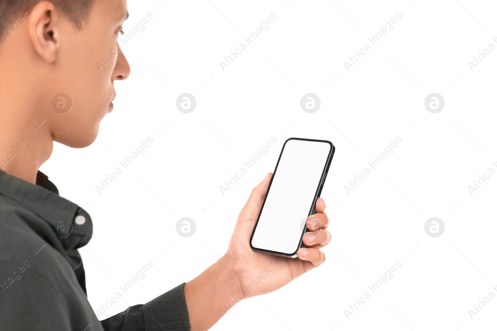 Photo of Man holding phone with blank screen on white background, closeup. Mockup for design