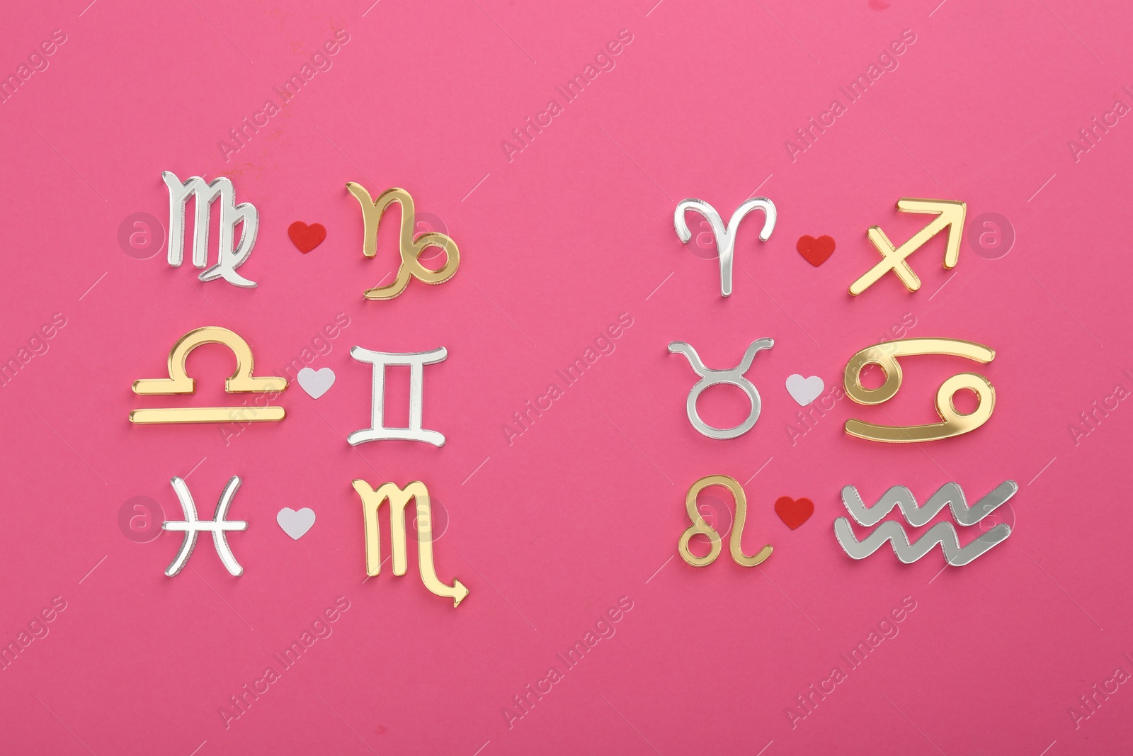 Photo of Zodiac signs compatibility on pink background, flat lay