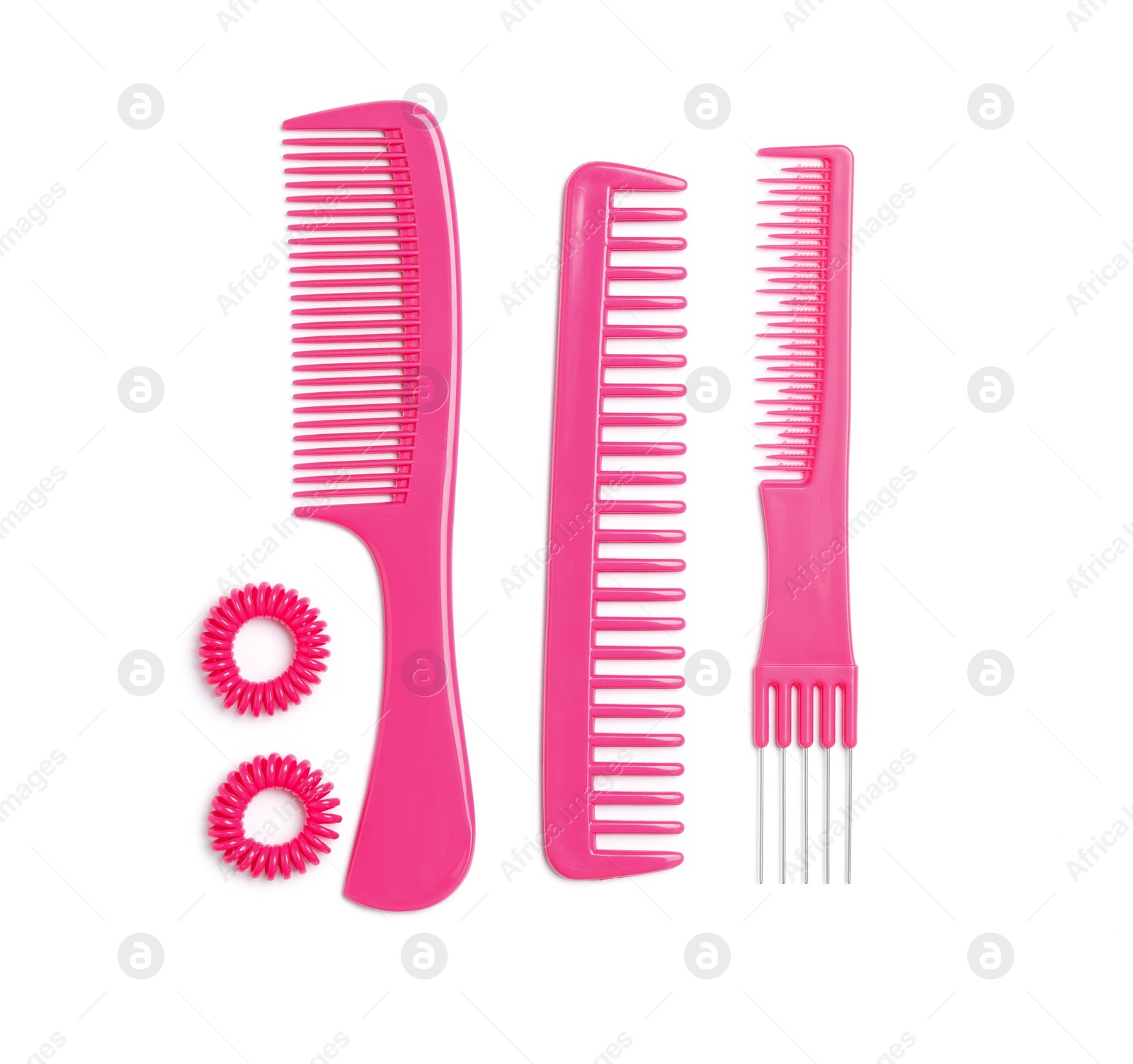 Photo of Composition with hair combs and spiral rubber bands  on white background, top view