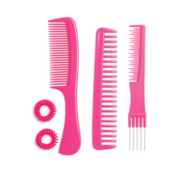 Composition with hair combs and spiral rubber bands  on white background, top view