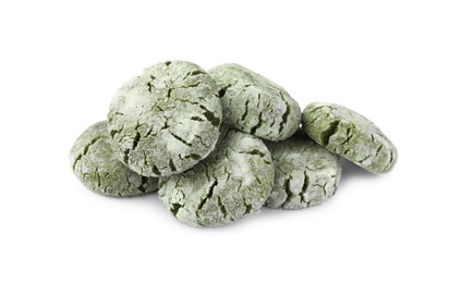 Pile of tasty matcha cookies on white background