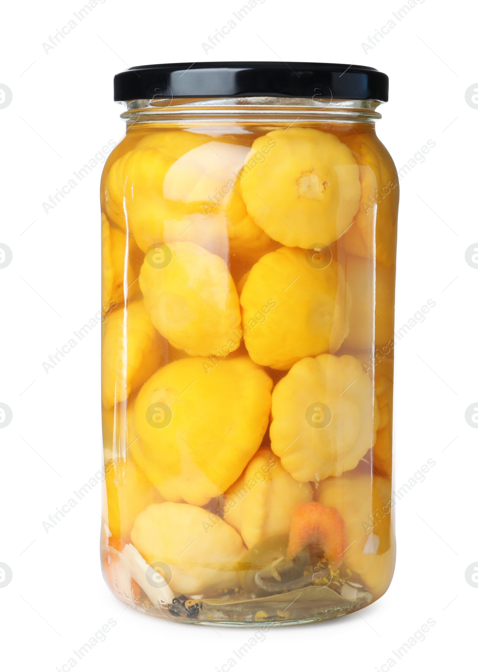 Photo of Glass jar with pickled patty pan squashes isolated on white