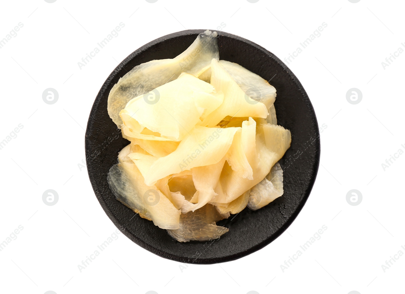 Photo of Pickled ginger isolated on white, top view