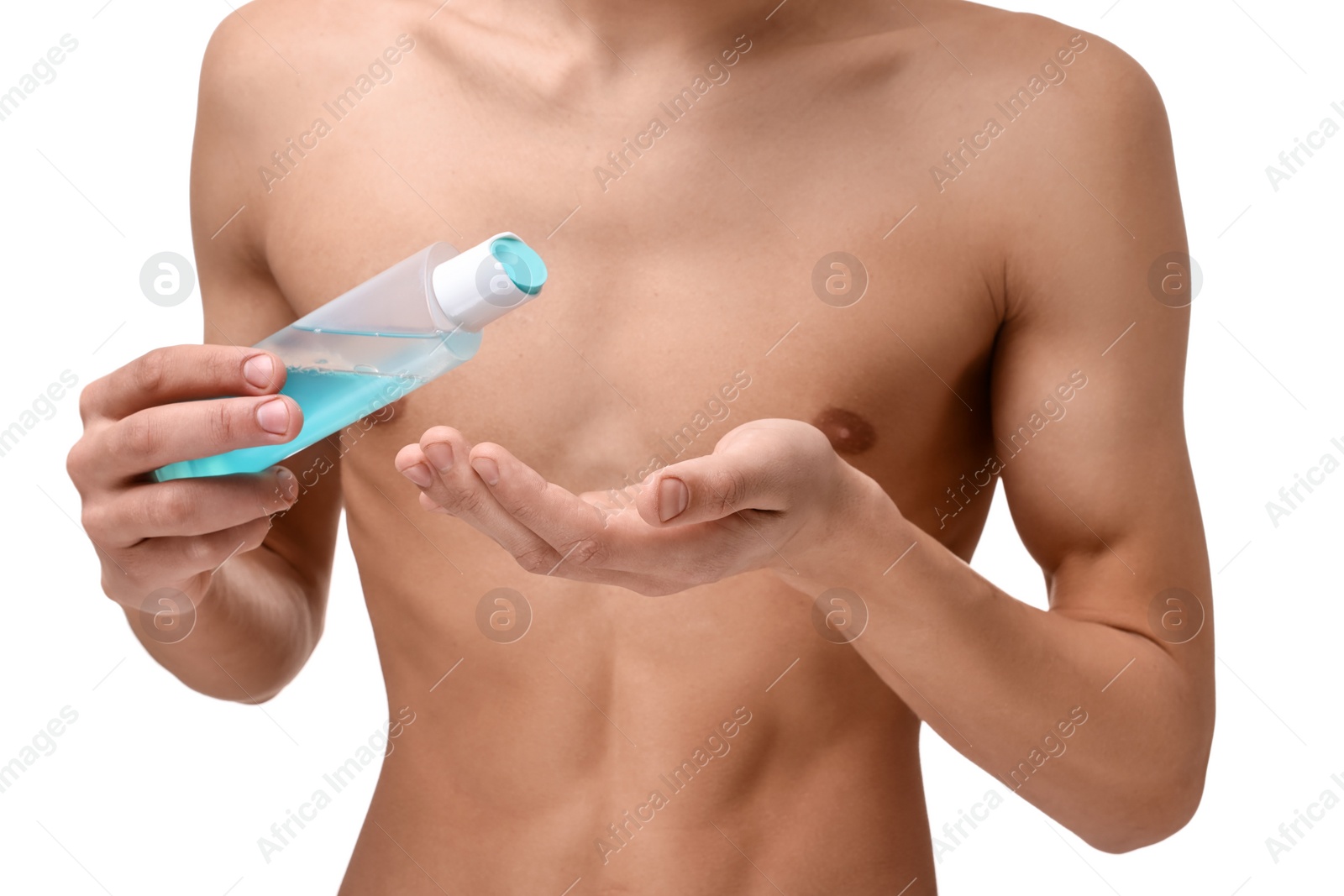 Photo of Man with lotion on white background, closeup