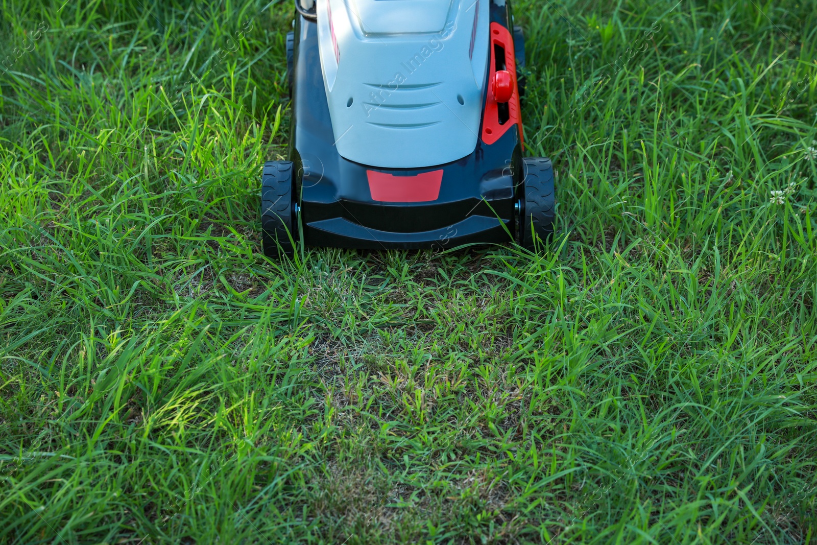 Photo of Lawn mower on green grass in garden