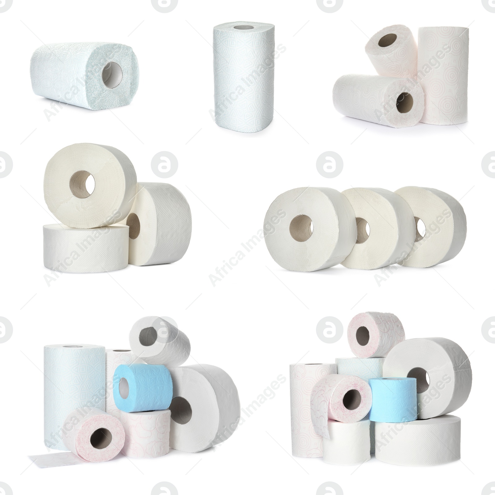 Image of Set with rolls of toilet paper on white background