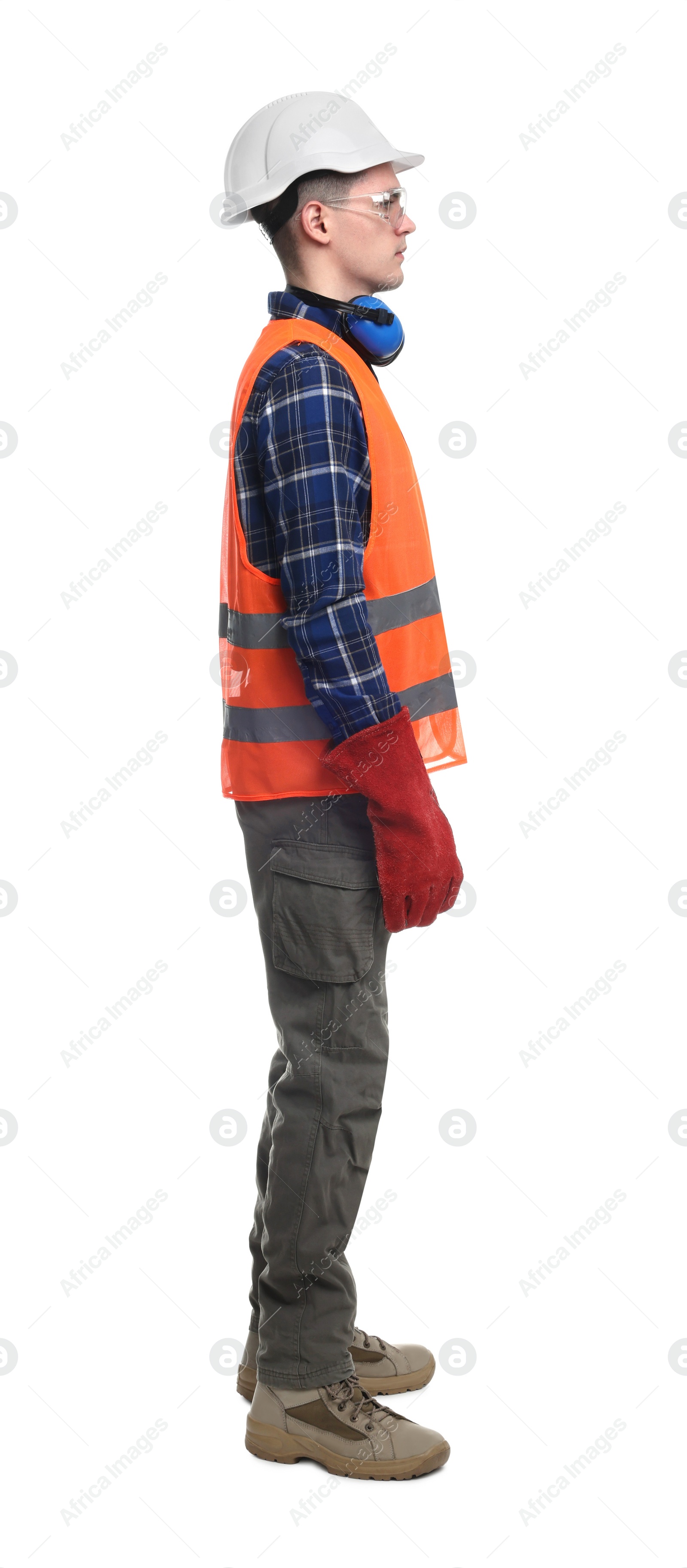 Photo of Young man wearing safety equipment on white background