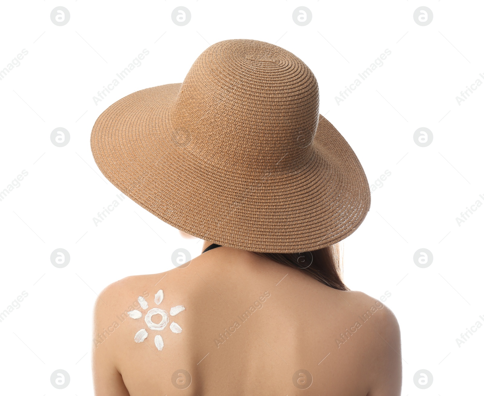 Photo of Woman with sun protection cream on her back against white background