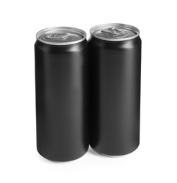 Energy drinks in black aluminum cans on white background