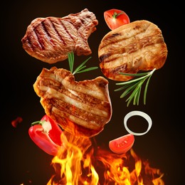 Tasty grilled meat, different vegetables and fire flame on dark background