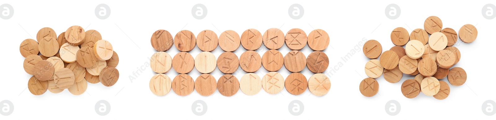 Image of Collage with set of wooden runes on white background, top view. Divination tool