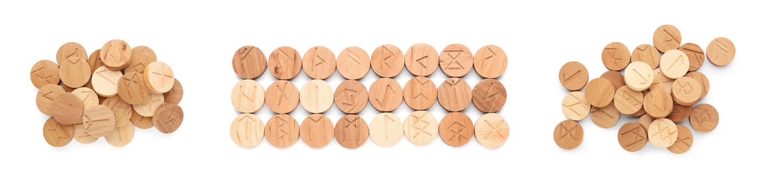 Collage with set of wooden runes on white background, top view. Divination tool