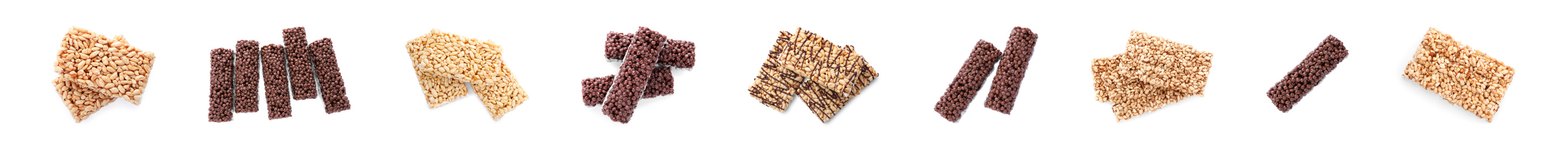 Image of Set of delicious rice crispy treats on white background, top view. Banner design