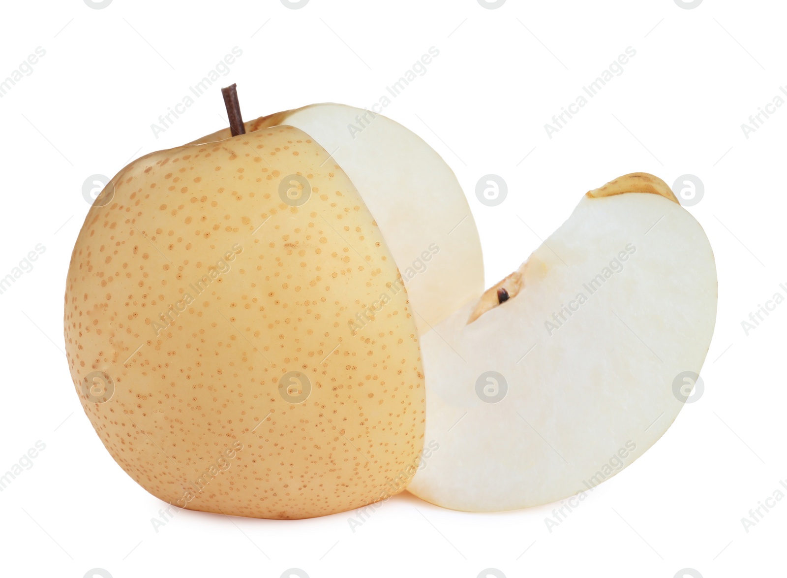 Photo of Cut fresh apple pear on white background