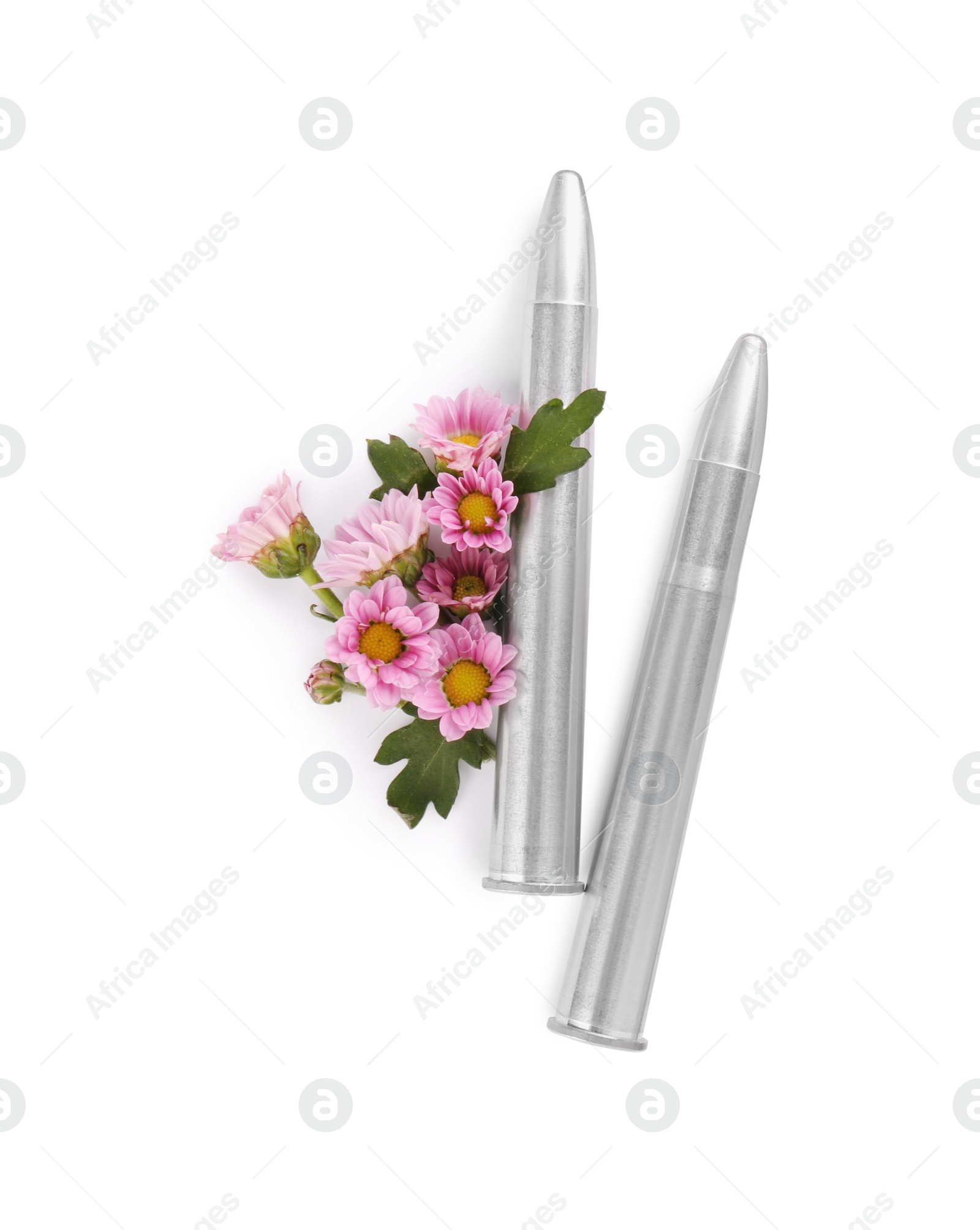 Photo of Bullets and beautiful flowers isolated on white, top view