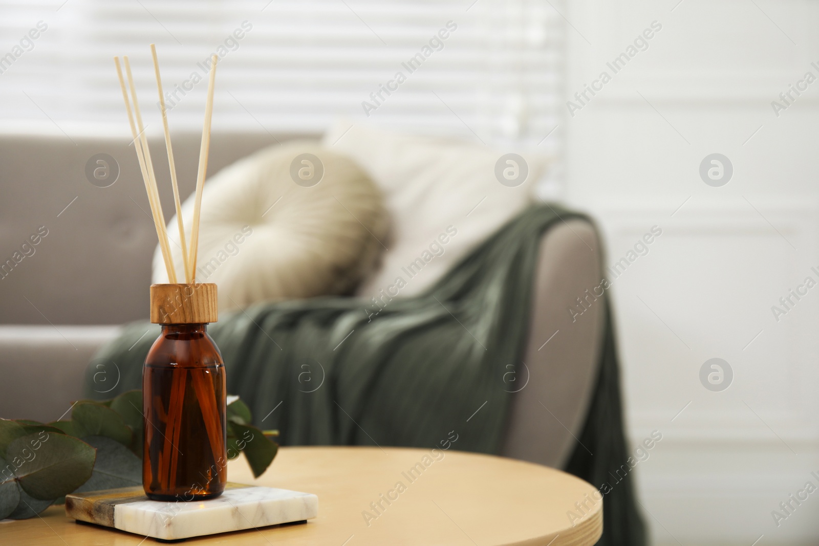 Photo of Reed diffuser with eucalyptus on wooden table in living room. Space for text