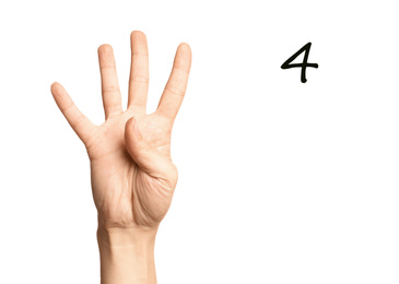 Woman showing number four on white background, closeup. Sign language