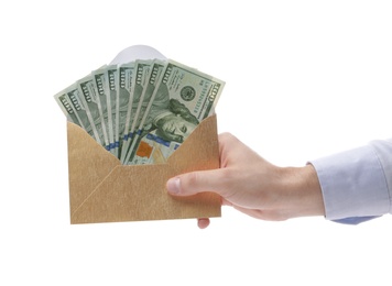 Photo of Man holding envelope with dollar banknotes on white background, closeup