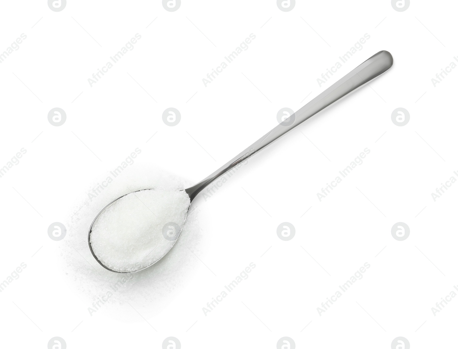 Photo of Spoon with granulated sugar isolated on white, top view