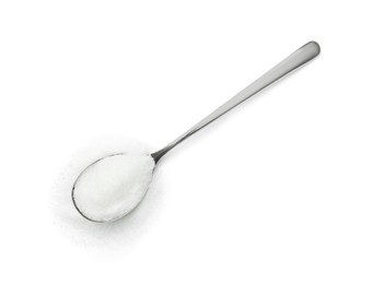 Spoon with granulated sugar isolated on white, top view