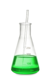 Photo of Conical flask with light green liquid isolated on white