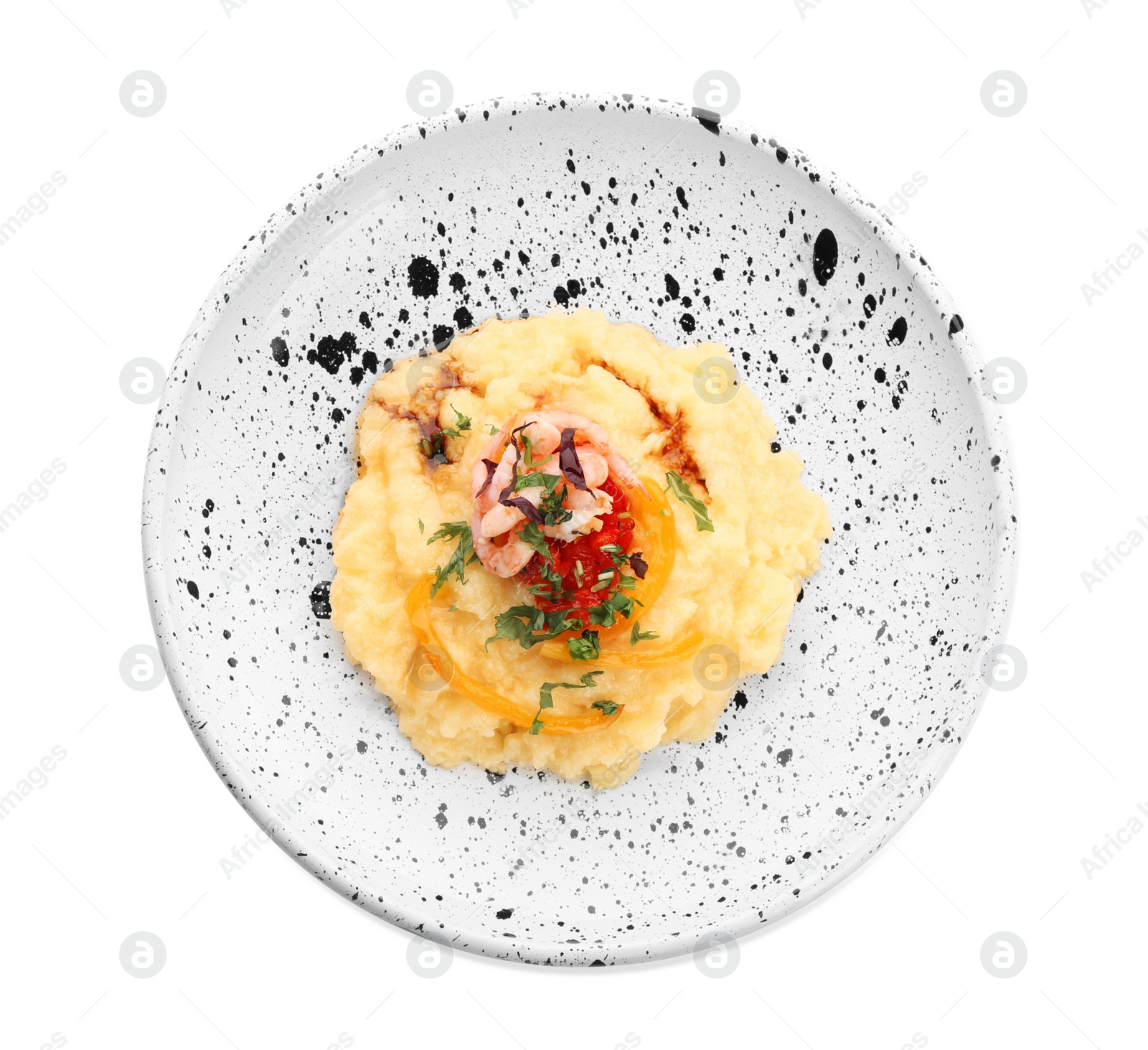 Photo of Plate with tasty shrimps and grits on white background, top view