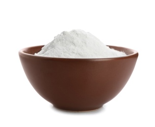 Bowl with baking soda on white background