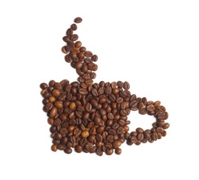 Cup of hot drink, composition made with coffee beans isolated on white, top view