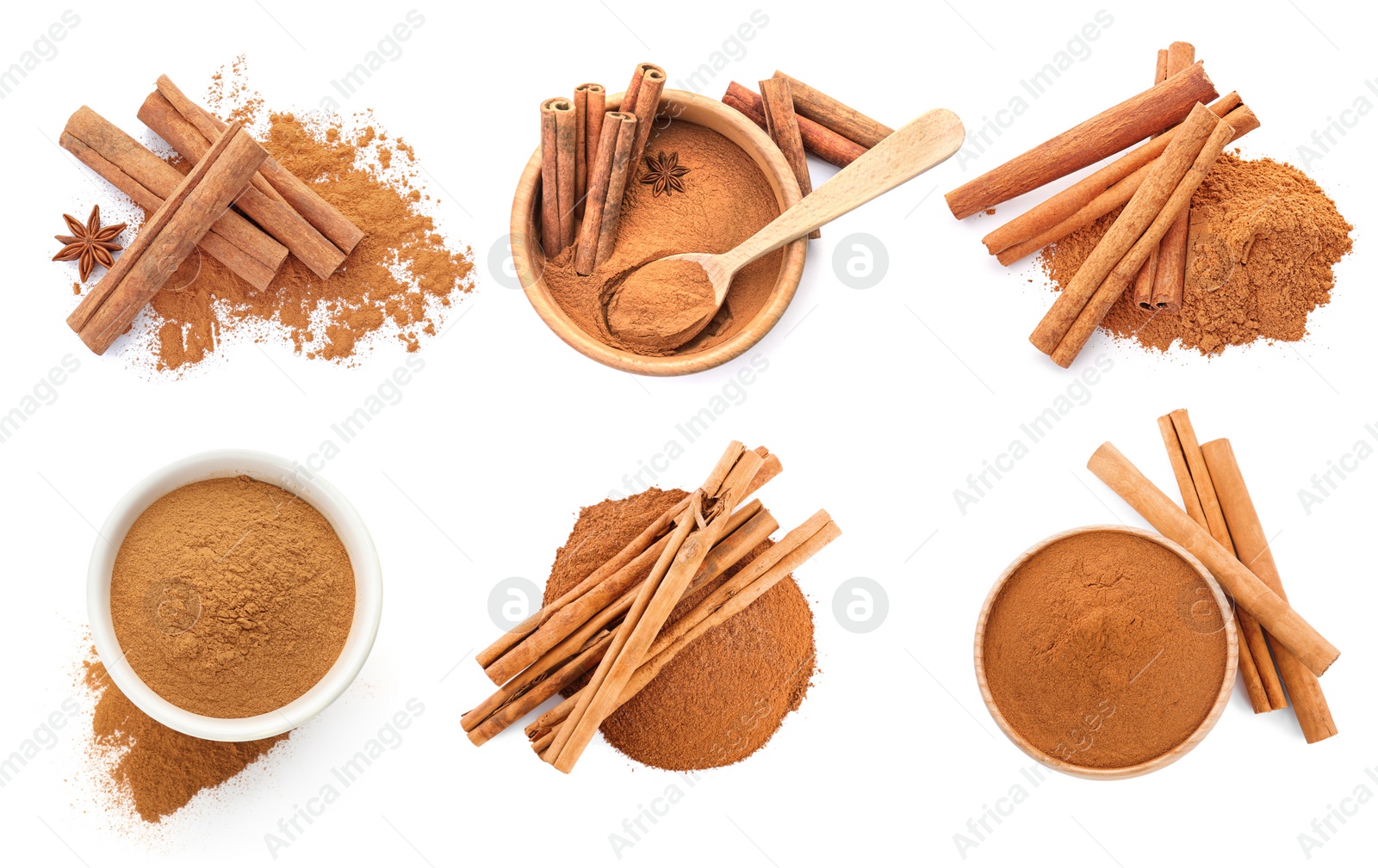 Image of Set with aromatic cinnamon sticks and powder on white background, top view