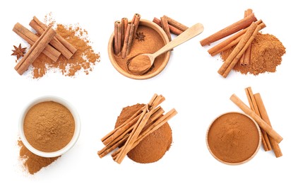 Image of Set with aromatic cinnamon sticks and powder on white background, top view