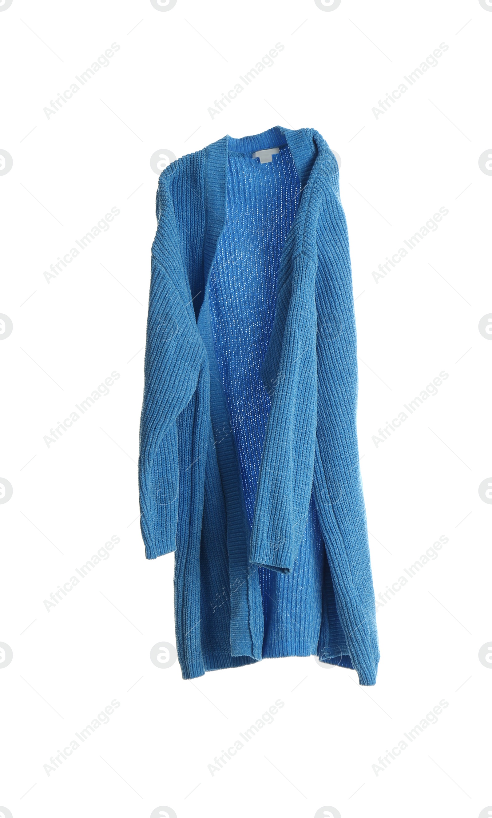 Photo of Blue cardigan isolated on white. Stylish clothes