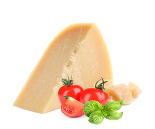 Image of Delicious parmesan cheese, cherry tomatoes and basil on white background