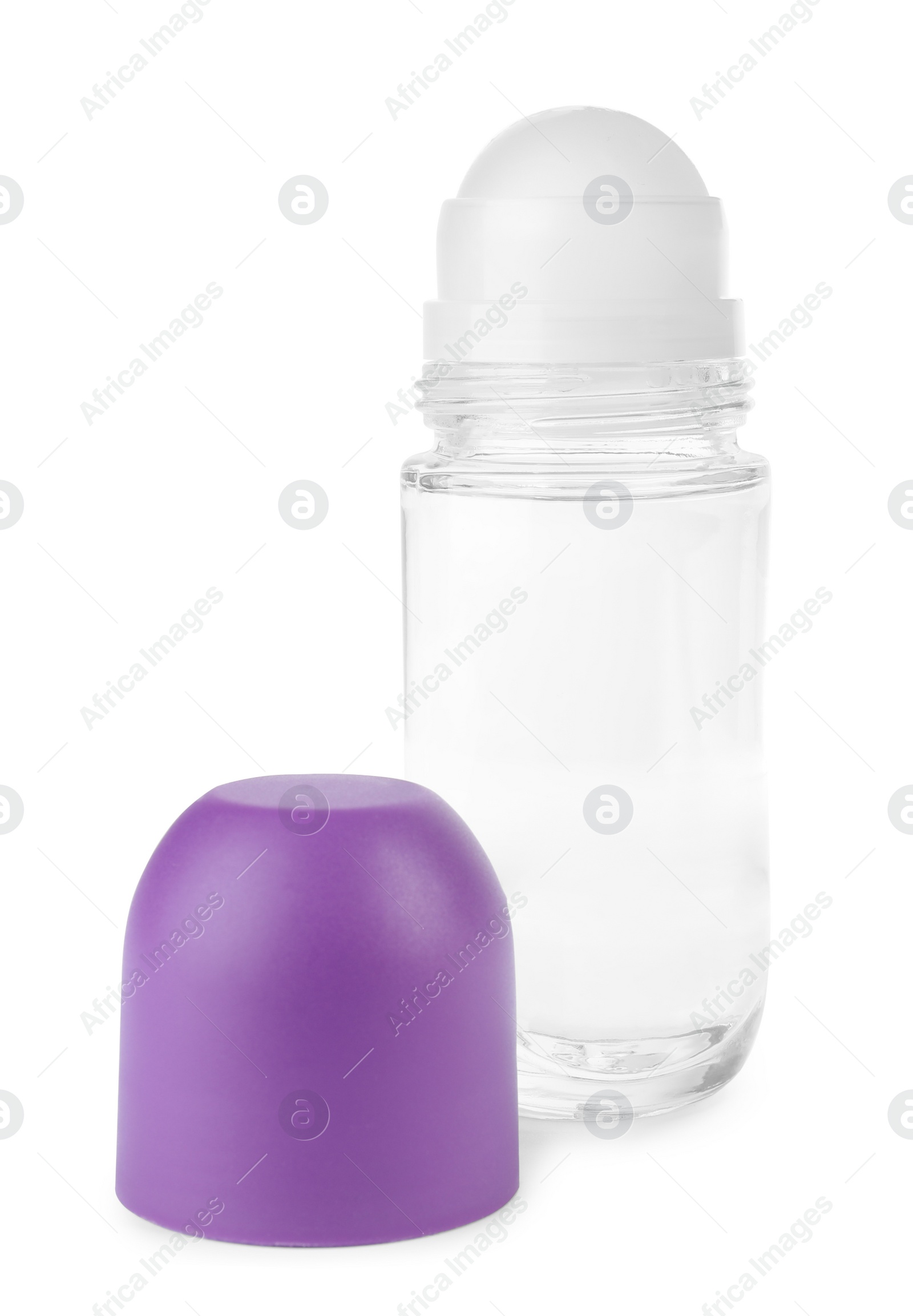 Photo of Blank glass deodorant container on white background