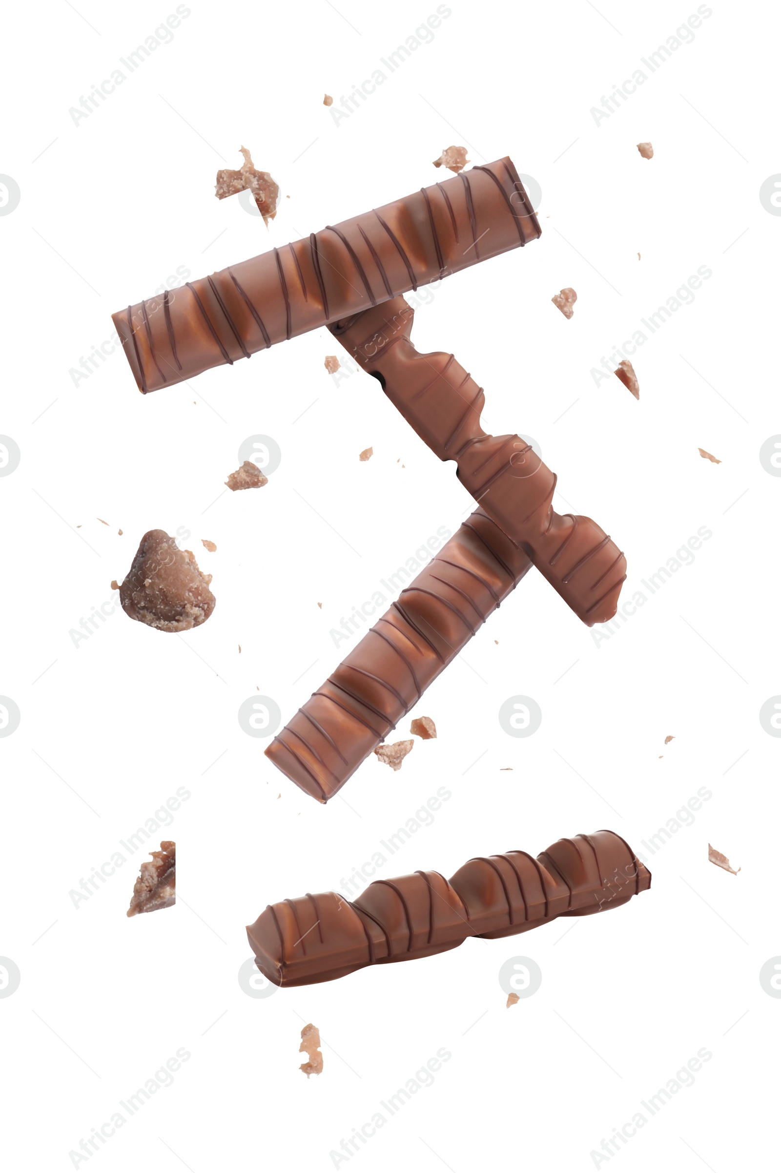 Image of Chocolate bars with tasty filling falling on white background