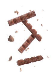 Image of Chocolate bars with tasty filling falling on white background