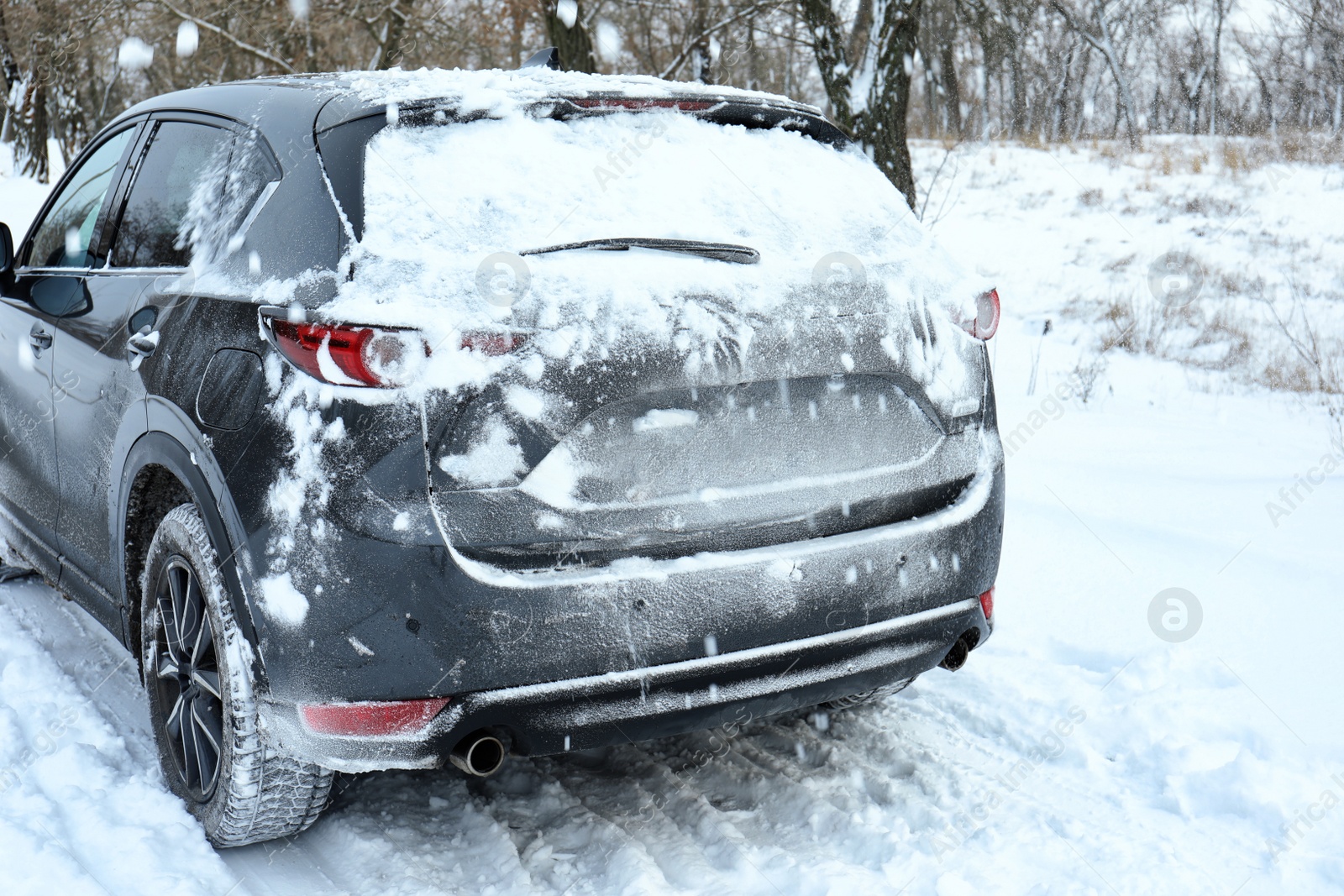 Photo of Snowy country road with car on winter day